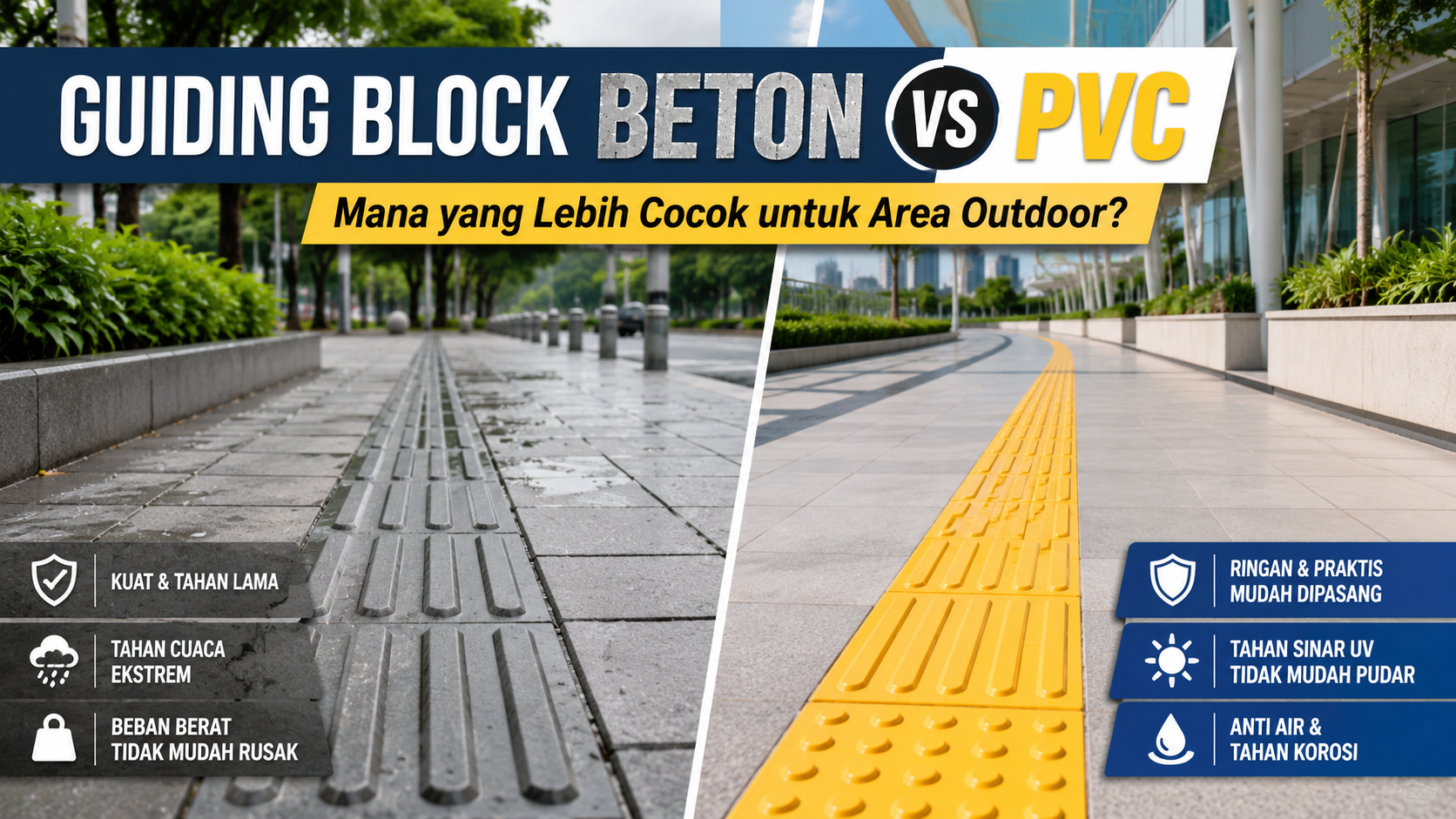 Guiding Block Beton vs PVC: Mana yang Lebih Cocok untuk Area Outdoor?
